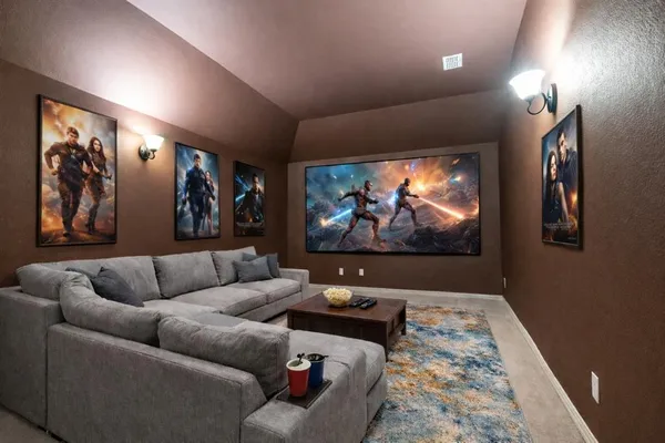 a living room with furniture and wall painting