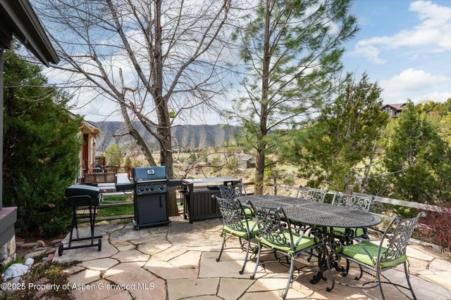 a view of backyard with table and chairs and potted plants