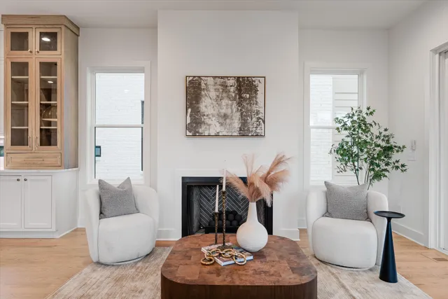 a living room with furniture and a potted plant