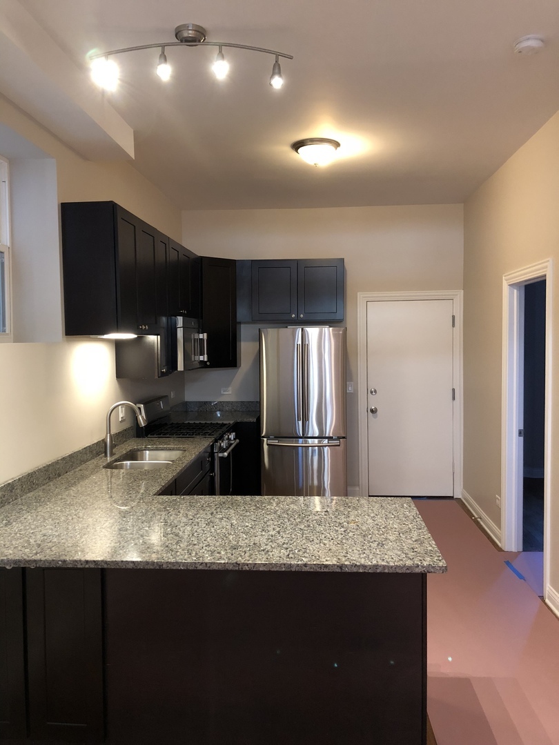 1739 West 18th Street, Unit 1F Chicago, IL 60608 - Photo 2 of 12 a kitchen with kitchen island a sink stainless steel appliances and a counter top space
