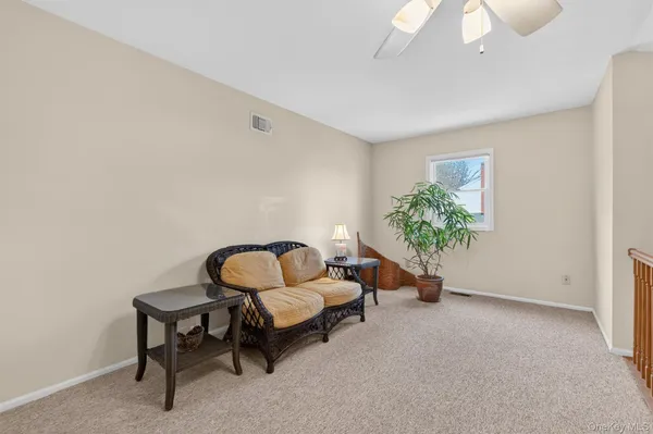 a living room with furniture and a potted plant