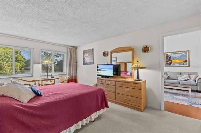 a bedroom with a bed and a dresser in it