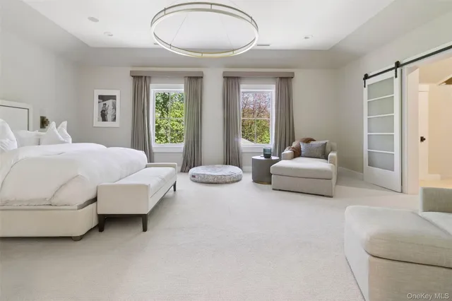 a spacious bedroom with bed and a large window