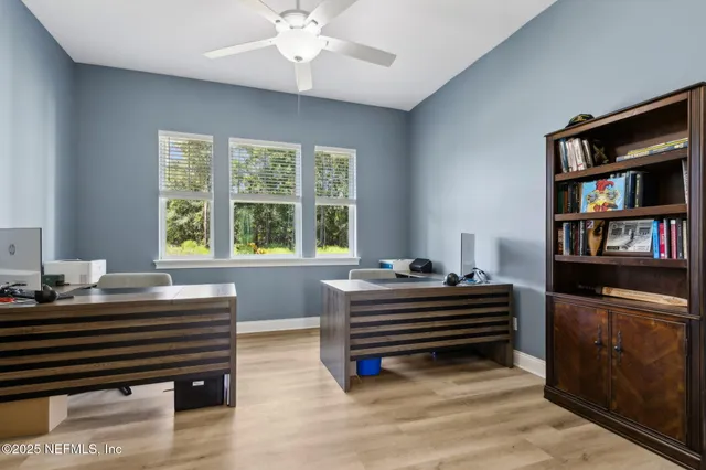 a garden view with a seating space