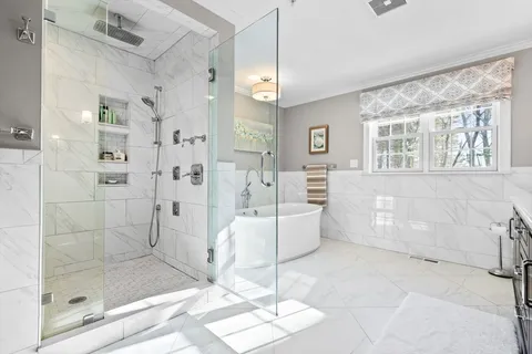 a bathroom with a bathtub and a shower