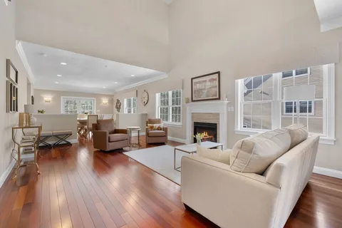 a living room with furniture floor to ceiling window and a fireplace