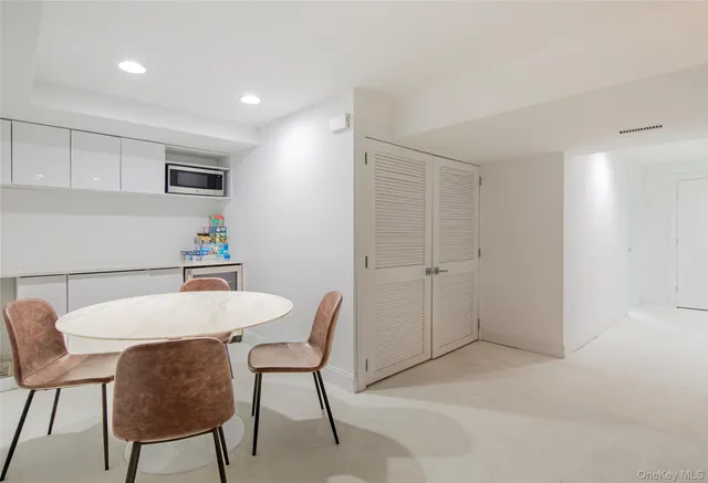 a view of a dining room with furniture
