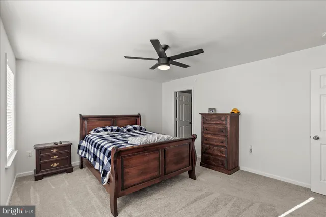 a bedroom with a bed and a ceiling fan
