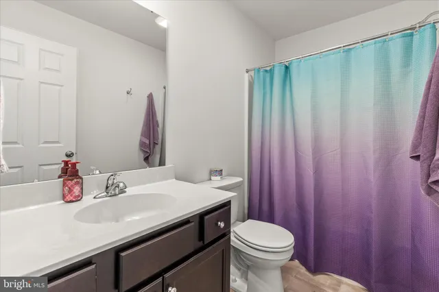 a bathroom with a sink a toilet and shower curtain