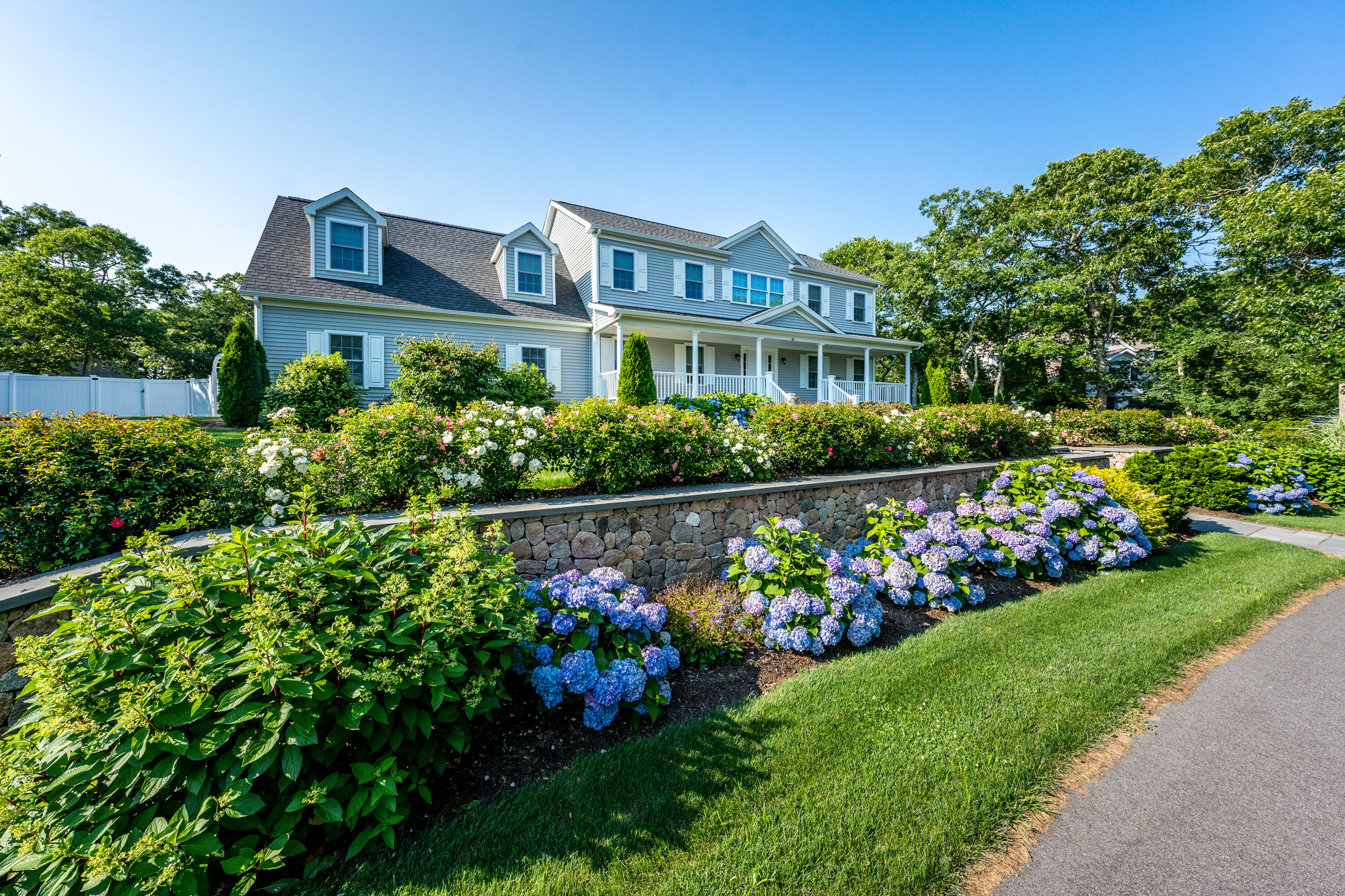 a view of a bunch of flowers in front of house