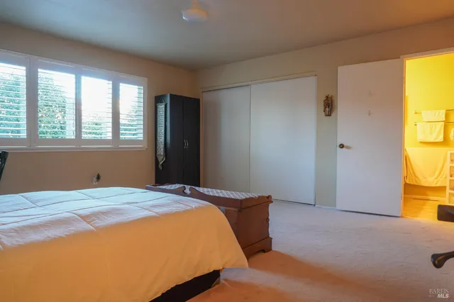 a bedroom with a bed and tub