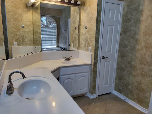 a bathroom with a sink and a mirror