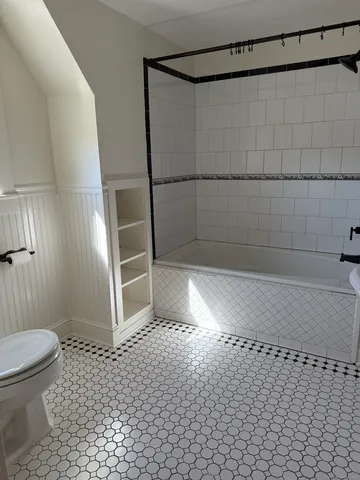 a bathroom with a shower and a toilet