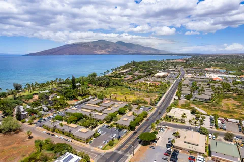 an aerial view of residential houses with outdoor space and trees