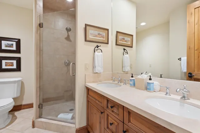 a bathroom with a double vanity sink a toilet and shower
