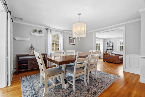 a view of a dining room with furniture and wooden floor