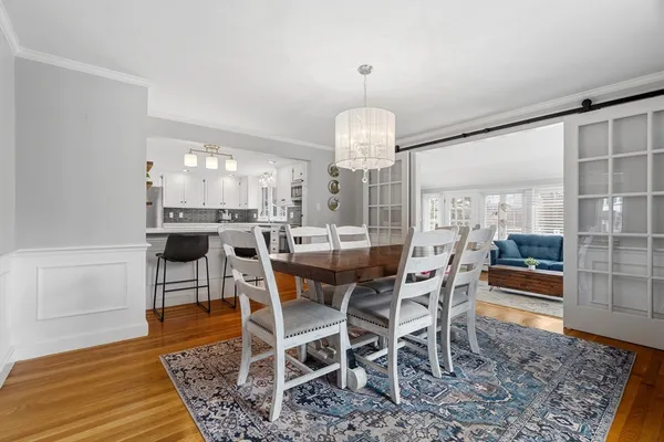 a view of a dining room with furniture
