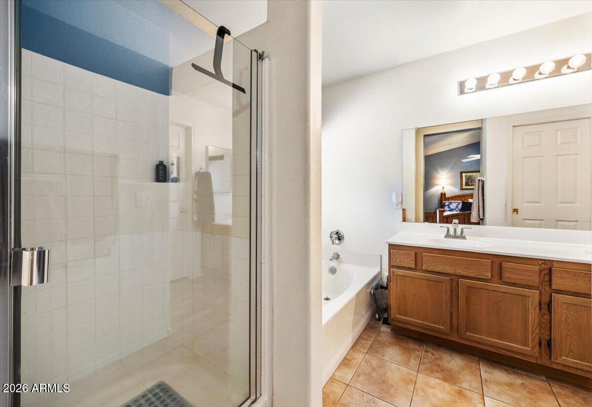 49 West Ivanhoe Street Gilbert, AZ 85233 - Photo 22 of 54 a spacious bathroom with a double vanity sink a mirror and a bathtub