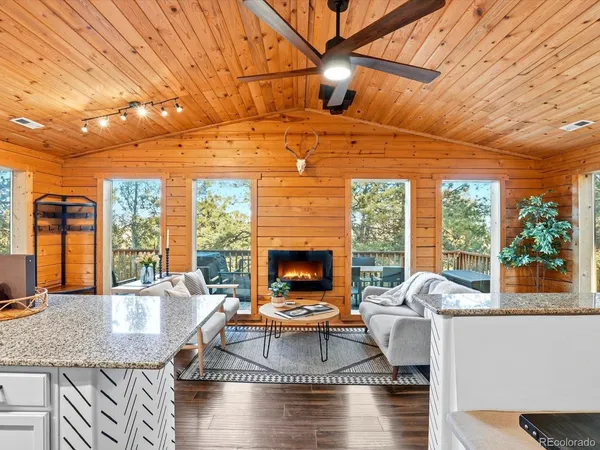 a living room with furniture a fireplace and a window