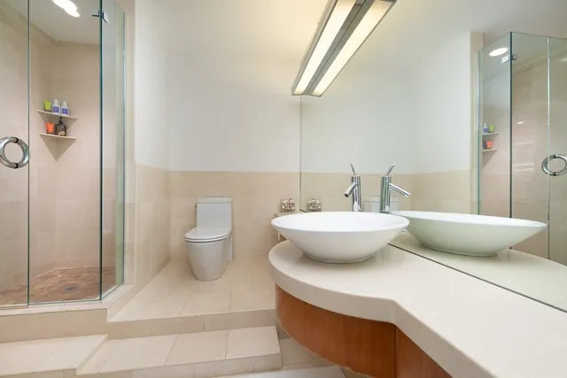a view of a bathroom with a toilet and a shower