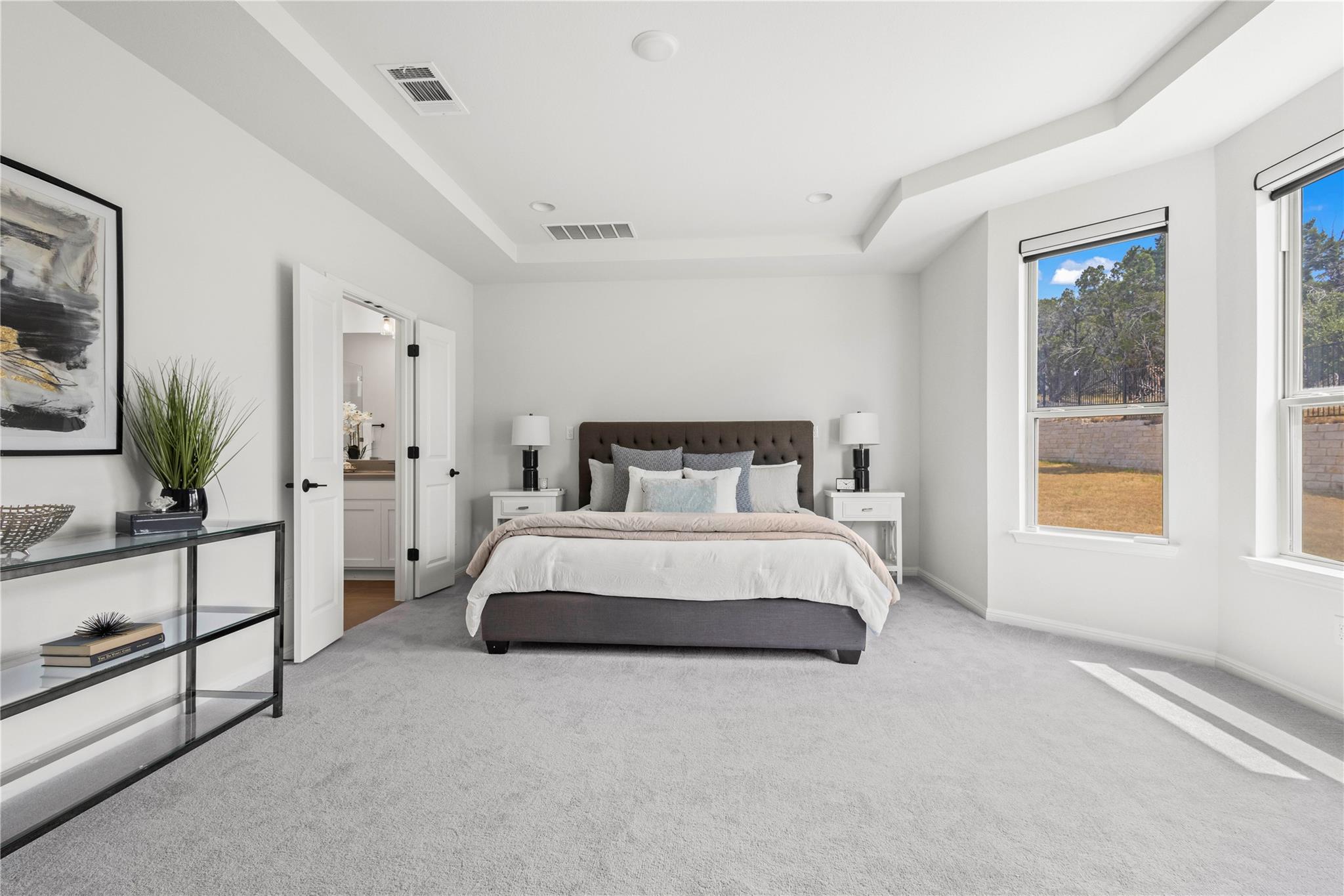 1128 Villa Rialto View Leander, TX 78641 - Photo 24 of 40 Recessed lighting illuminates this inviting bedroom, featuring tray ceilings and soft carpeting.
