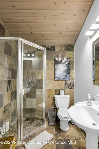 a bathroom with a sink toilet and shower