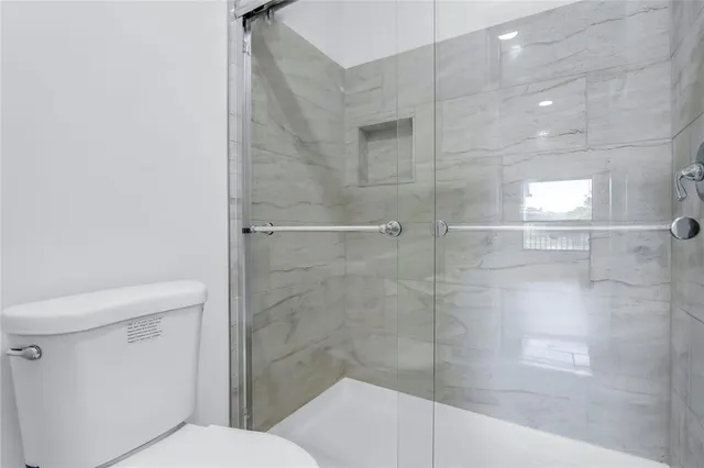 a bathroom with a shower and toilet