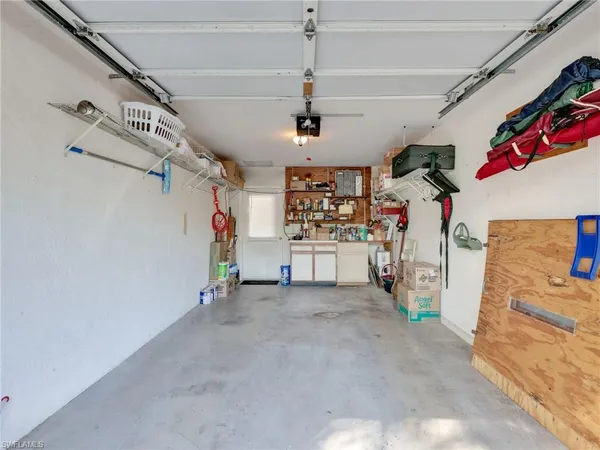a view of a garage with storage