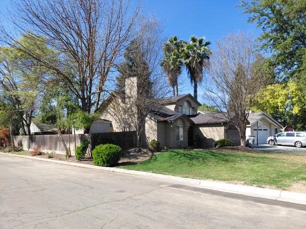 a palm tree sitting in front of a brick house with large trees