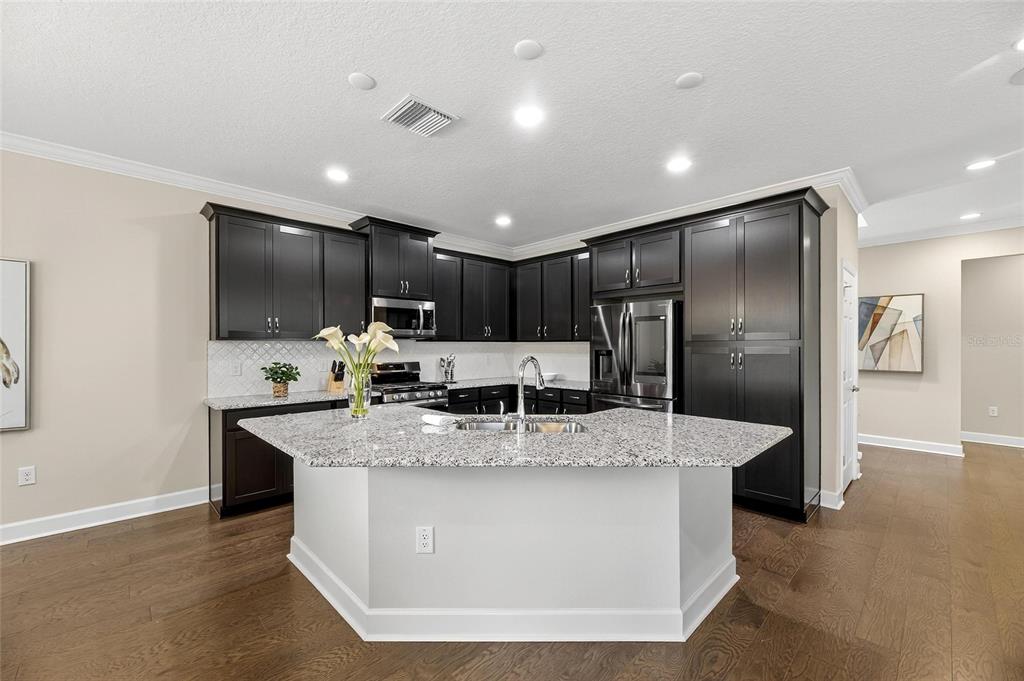 5534 Silver Sun Drive Apollo Beach, FL 33572 - Photo 7 of 76 a large kitchen with stainless steel appliances kitchen island a large counter top and a refrigerator