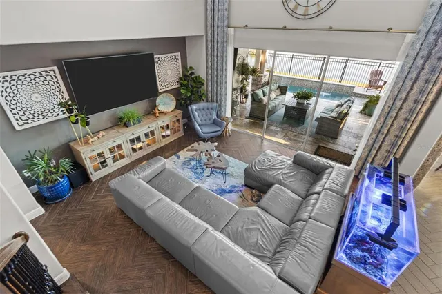 an aerial view of a house with a garden