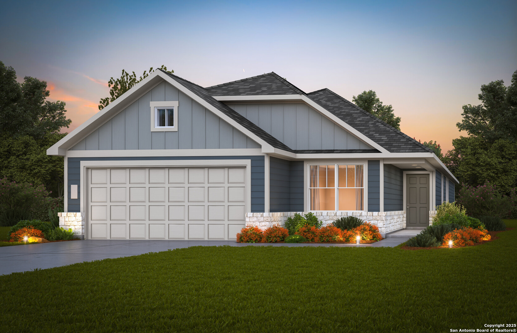 a front view of a house with a garden and plants