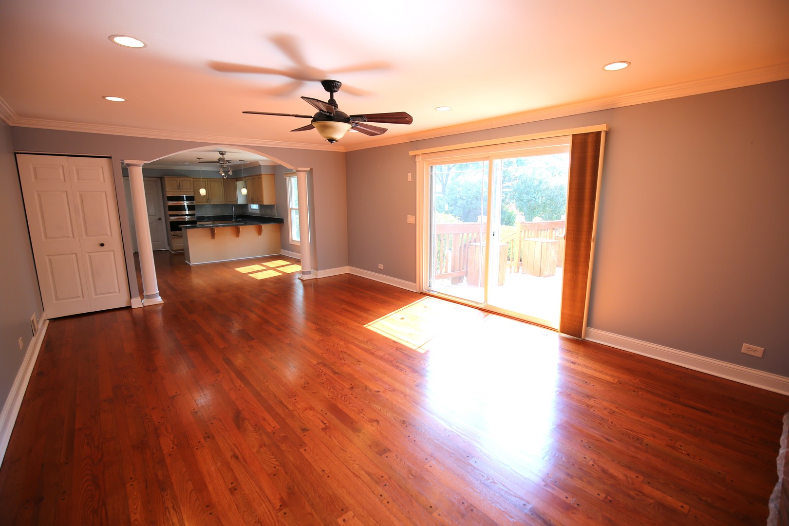 2603 Old Mill Lane Rolling Meadows, IL 60008 - Photo 14 of 45 a view of a livingroom with wooden floor a ceiling fan and windows