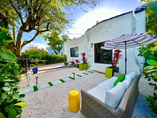 a view of a chairs and table in patio