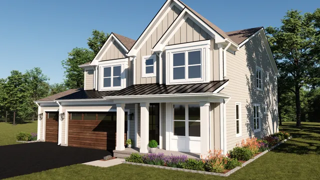 a view of a white house with large windows and a yard