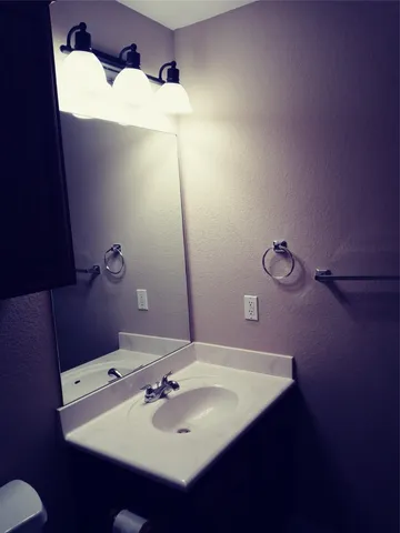 a bathroom with a sink a mirror and toilet