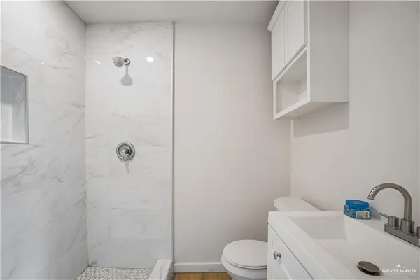 a bathroom with a toilet sink vanity and shower