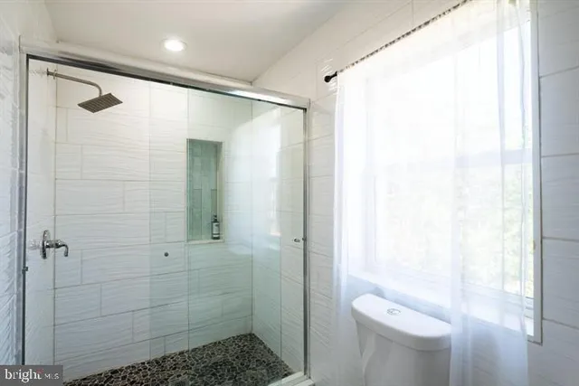 a bathroom with a shower and a toilet