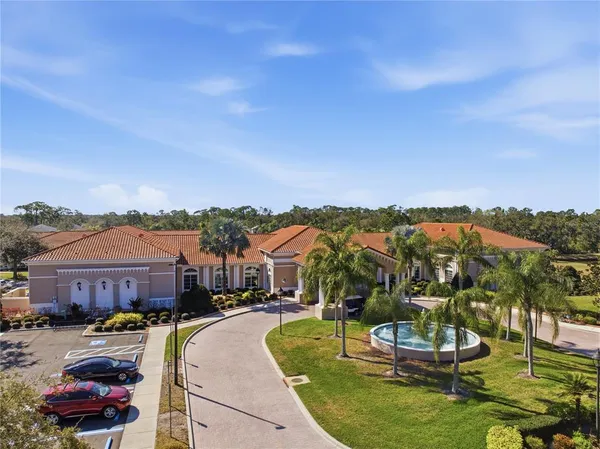 a view of a city with lawn chairs