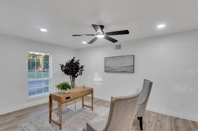 a living room with furniture and a potted plant