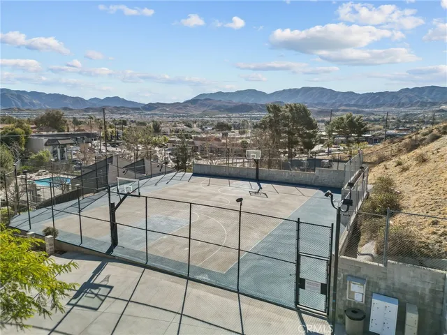 a view of a terrace with a mountain