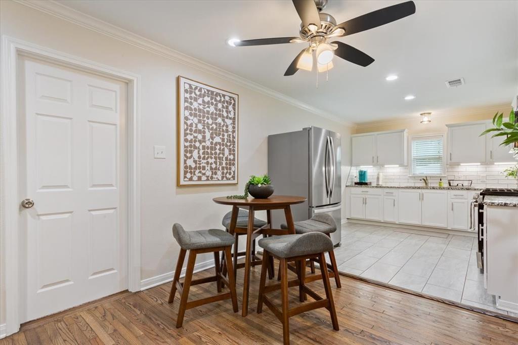 Undisclosed Address Waco, TX 76708 - Photo 11 of 30 Dining space featuring ornamental molding, light wood-style flooring, a ceiling fan, and recessed lighting