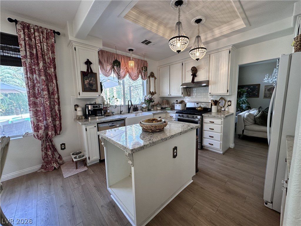 9724 Trail Rider Drive Las Vegas, NV 89117 - Photo 22 of 52 Kitchen featuring stainless steel appliances, backsplash, white cabinetry, dark wood-style floors, and a tray ceiling