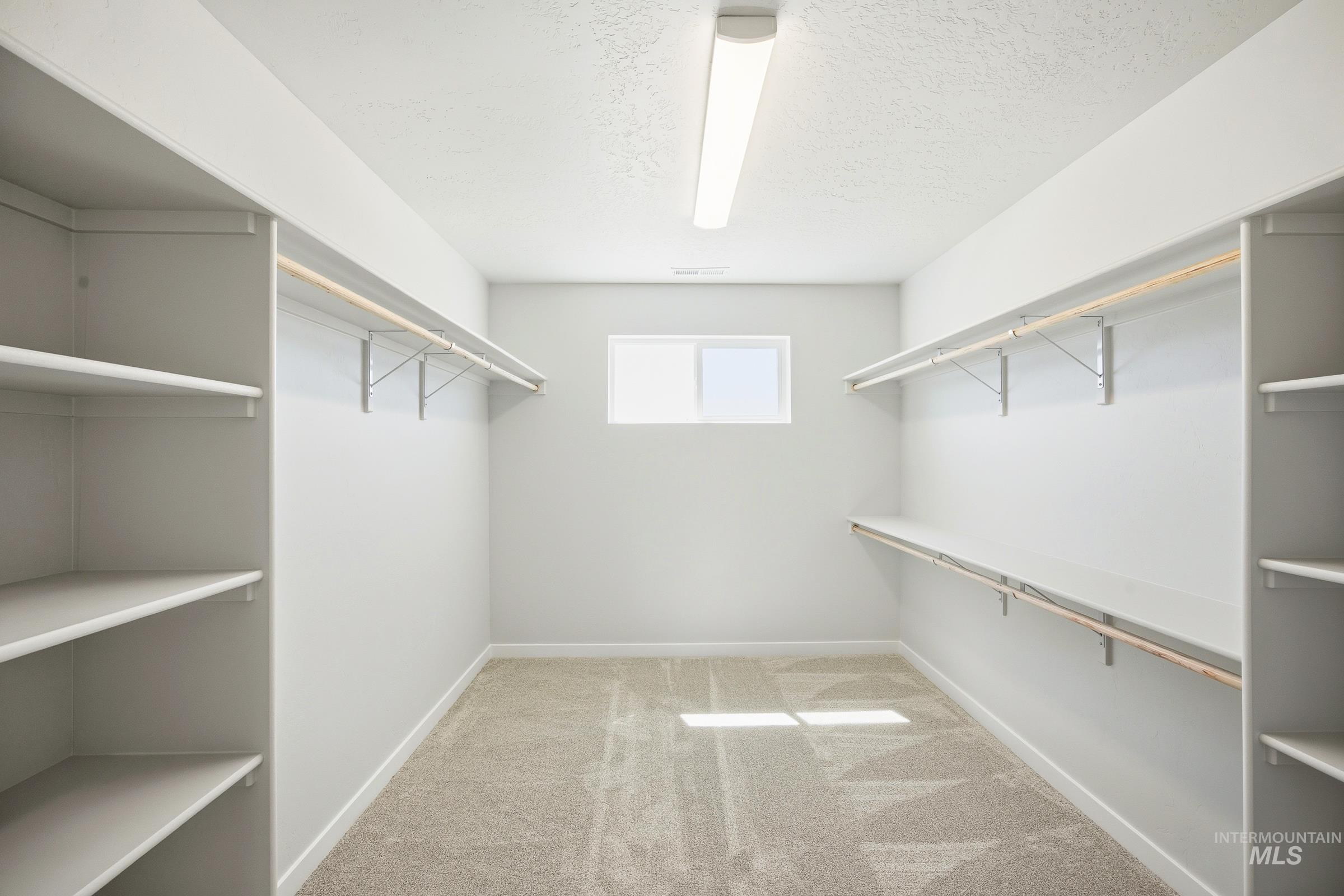 12841 Decatur Street Nampa, ID 83651 - Photo 28 of 30 Walk-in closet featuring light beige carpeting, built-in shelving, hanging rods, and a window for natural illumination