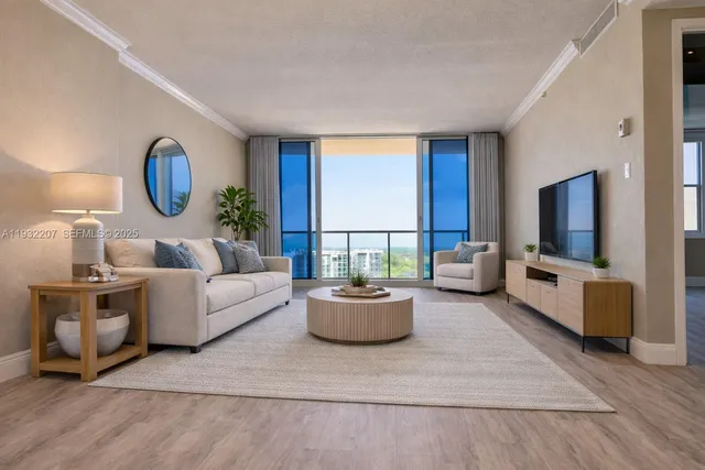 a city view with tall buildings