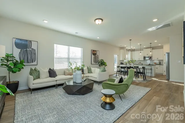 a living room with furniture and a potted plant