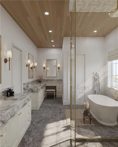 a spacious bathroom with a double vanity sink a mirror and a bathtub