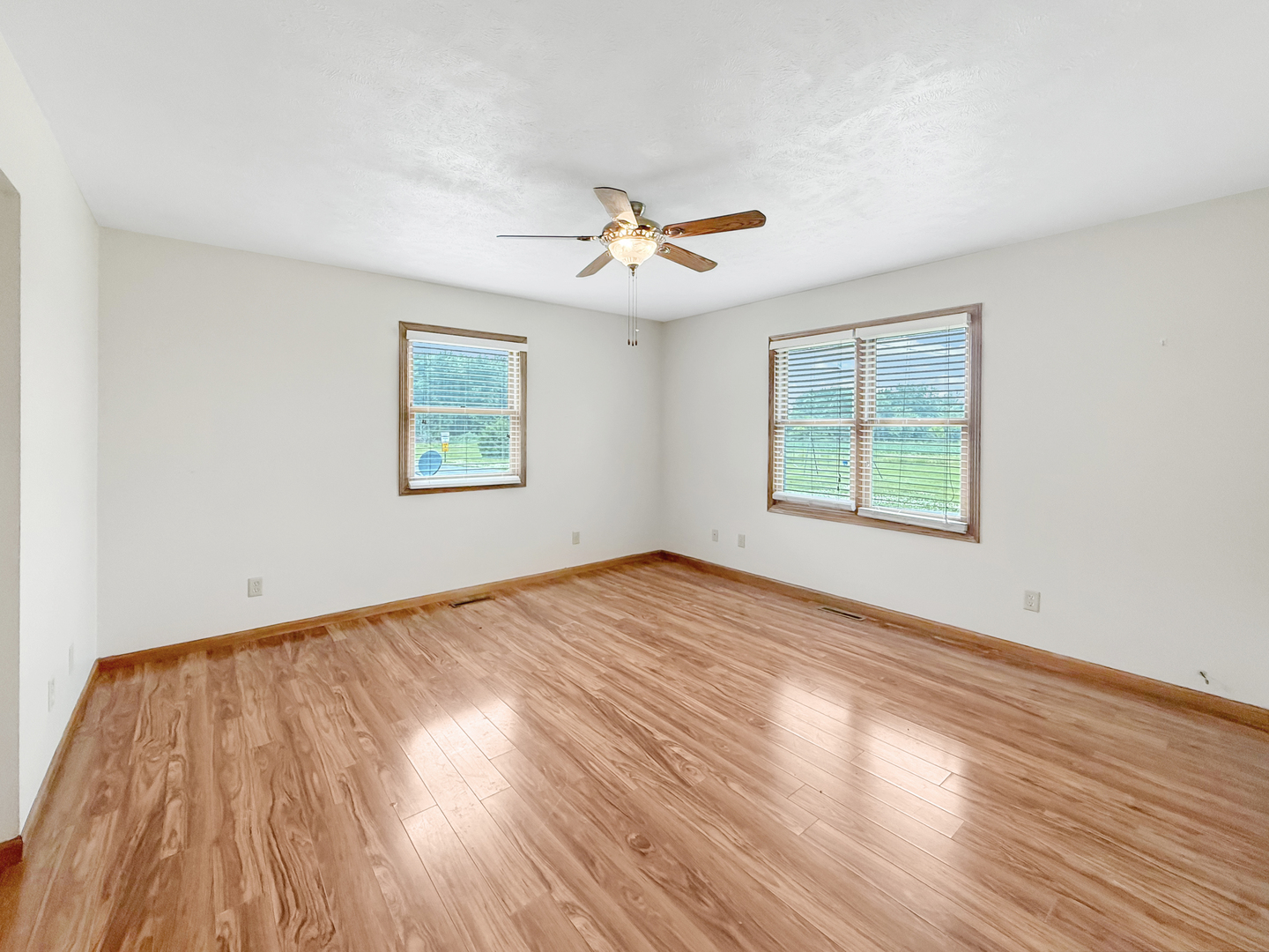 100 Adams Street Ridott, IL 61067 - Photo 14 of 17 an empty room with wooden floor ceiling fan and windows