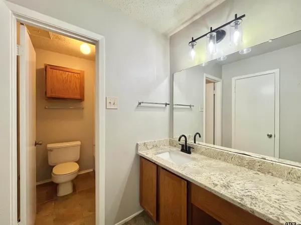 a bathroom with a granite countertop sink toilet and shower