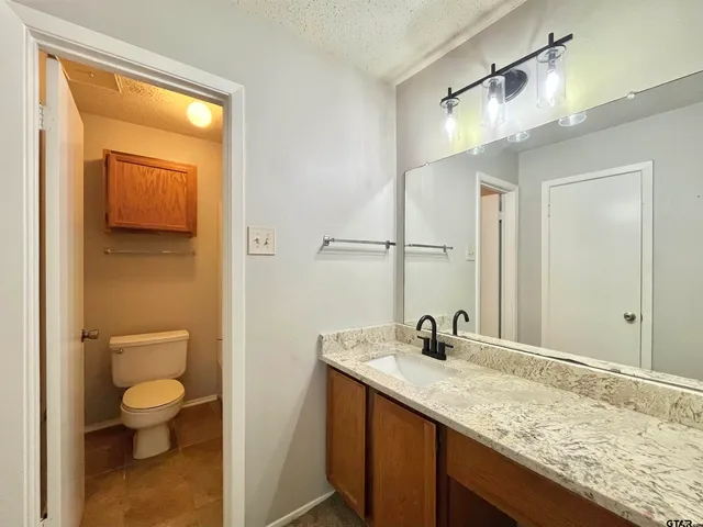 a bathroom with a granite countertop sink toilet and shower